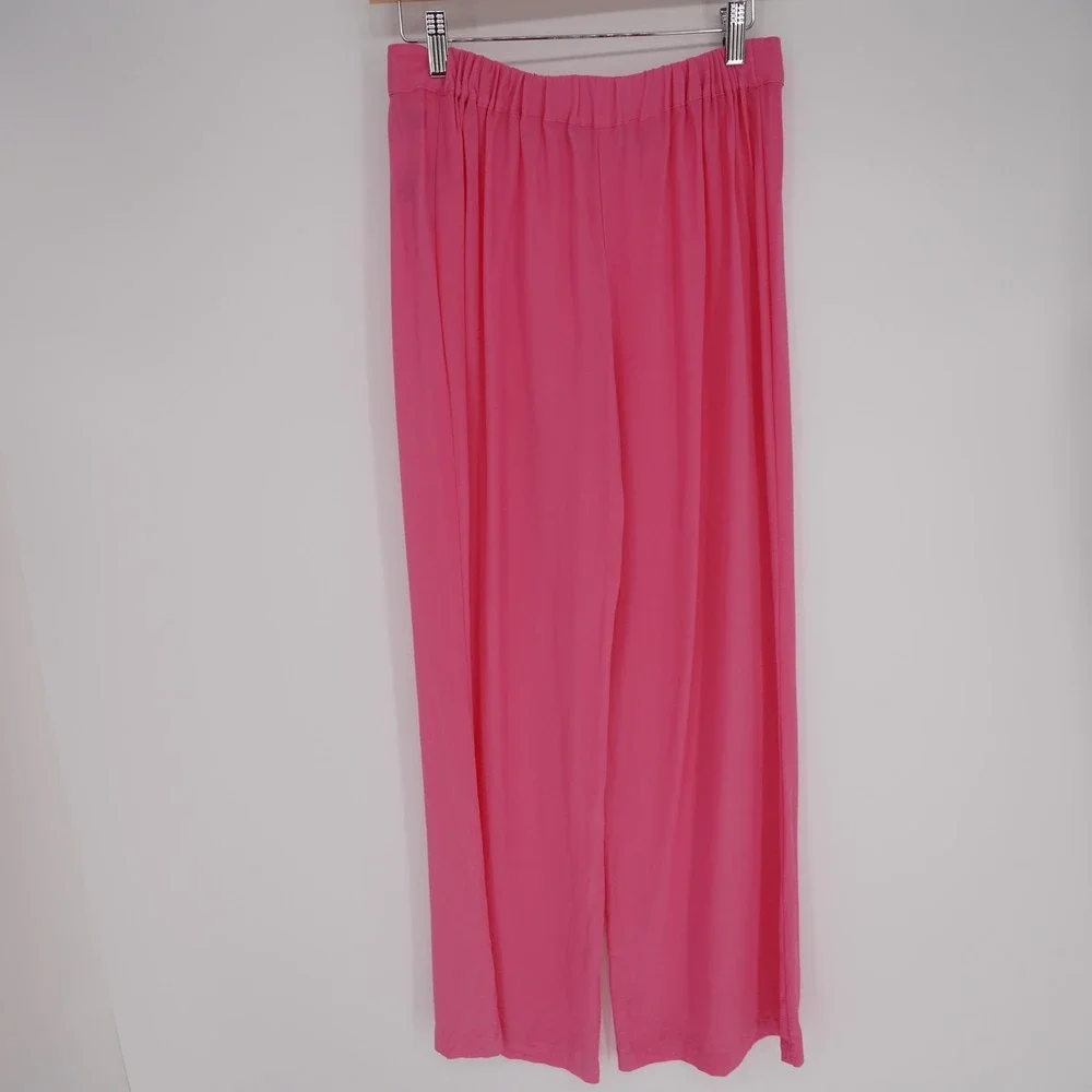 120% Wide Leg Pants Womens 42 M Pink Silk Crepe Elastic Waist Pull On Dress Pant